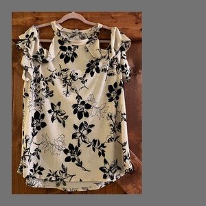 White Birch White Floral Cold Shoulder Top with Black Flowers